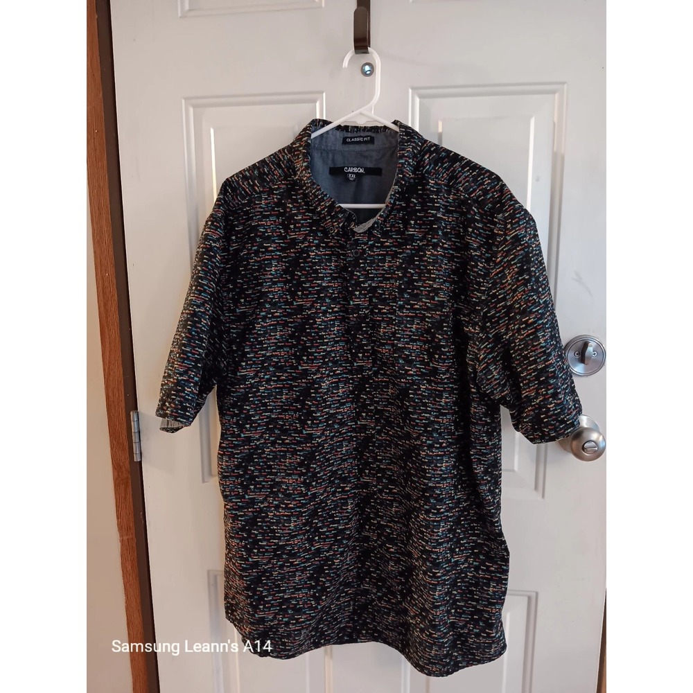 MENS, CARBONSHIRT, SIZE 2X, SHORT SLEEVE, BLACK AND MULTI COLORED, BUTTON UP,...